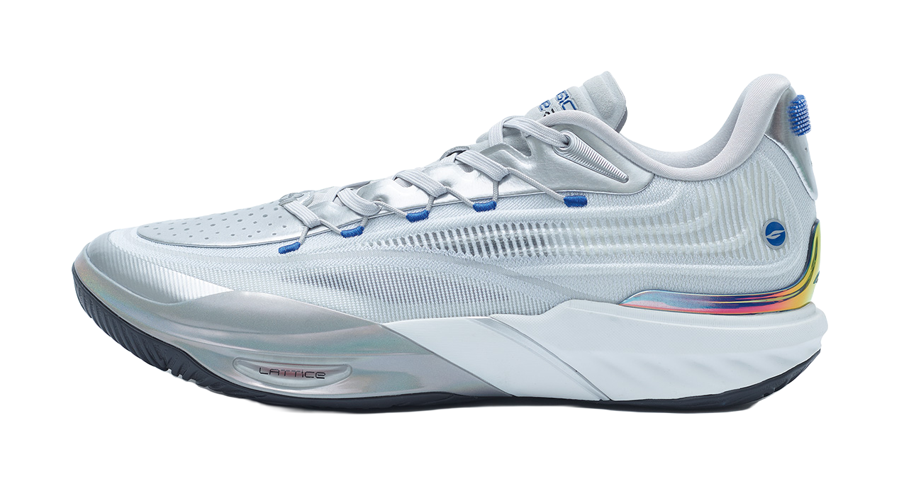 Silver basketball shoe with blue laces, knit upper, and low-cut padded collar