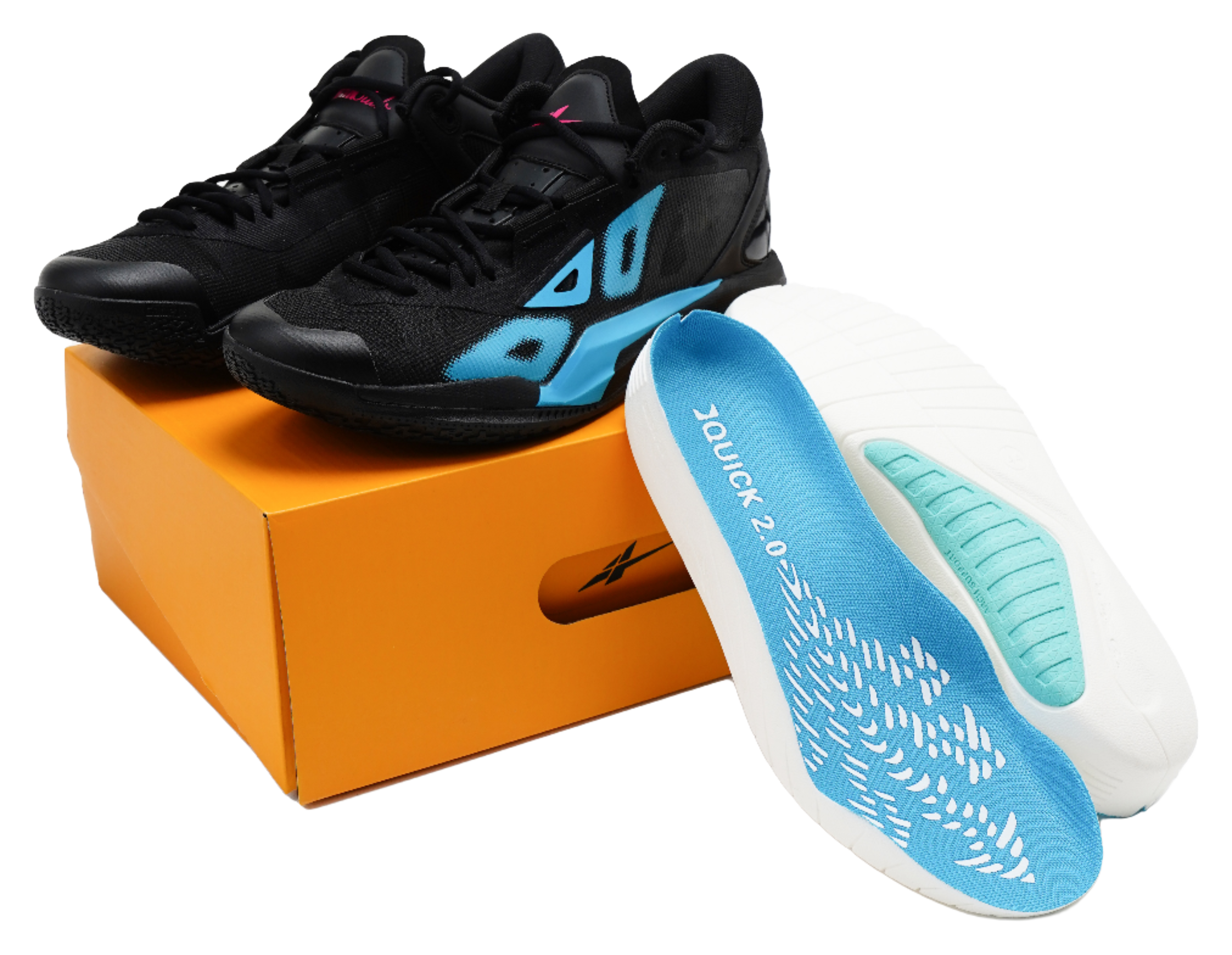 Black low-top basketball shoes with blue-and-white sole, lace-up.