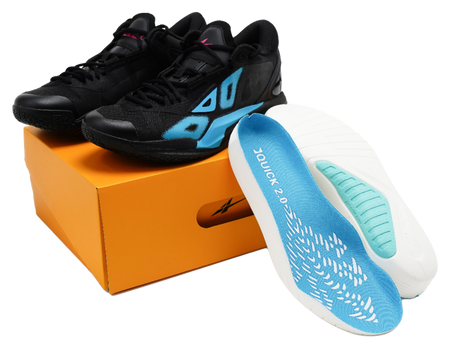 Black low-top basketball shoes with blue-and-white sole, lace-up.