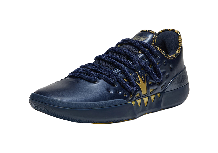 Navy-blue low-top basketball sneaker with gold trim and lace-up closure