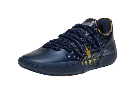 Navy-blue low-top basketball sneaker with gold trim and lace-up closure