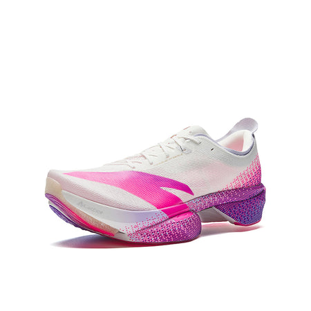 White, pink and purple women's marathon racing running shoe, side profile