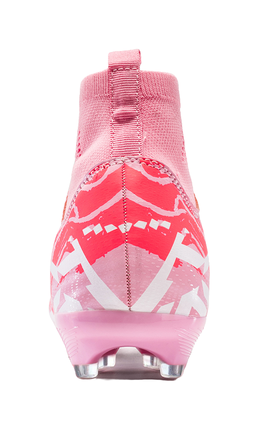 Pink soccer cleat heel view with sock-like collar and firm-ground studs