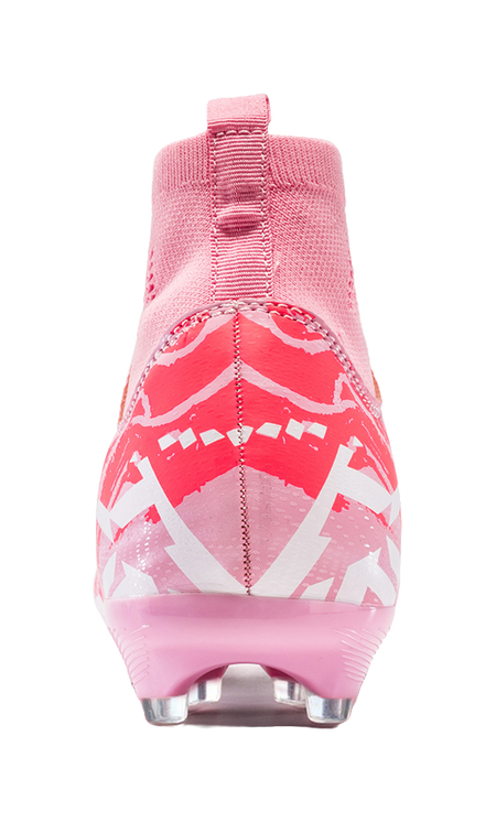 Pink soccer cleat heel view with sock-like collar and firm-ground studs