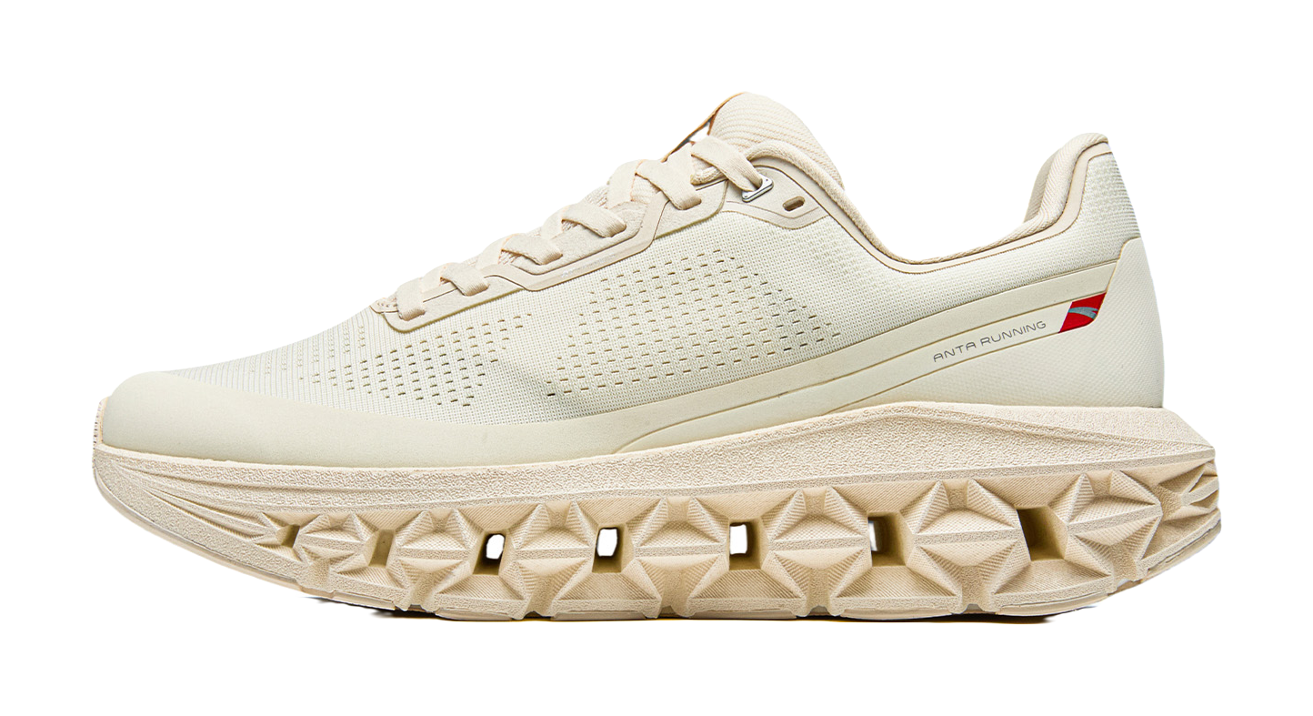 Women’s Anta running shoes in vanilla white, perforated upper, lace-up with cushioned sole.
