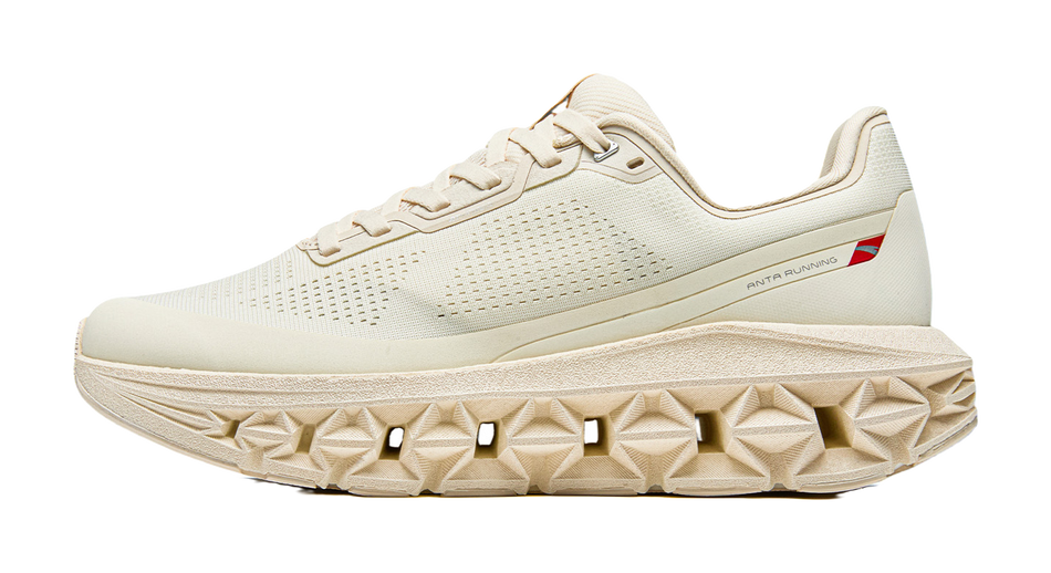 Women’s Anta running shoes in vanilla white, perforated upper, lace-up with cushioned sole.