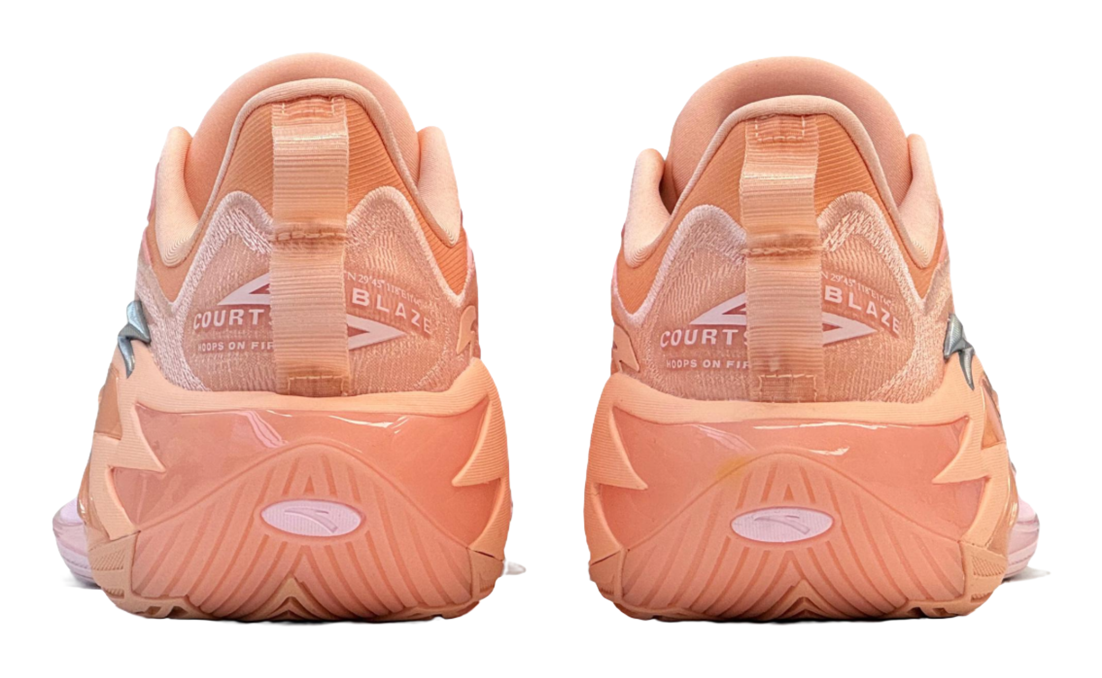 Light pink and orange basketball shoe heels with COURT branding on the collar