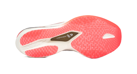 White and red marathon racing shoe outsole with traction tread and XTEP POWER label