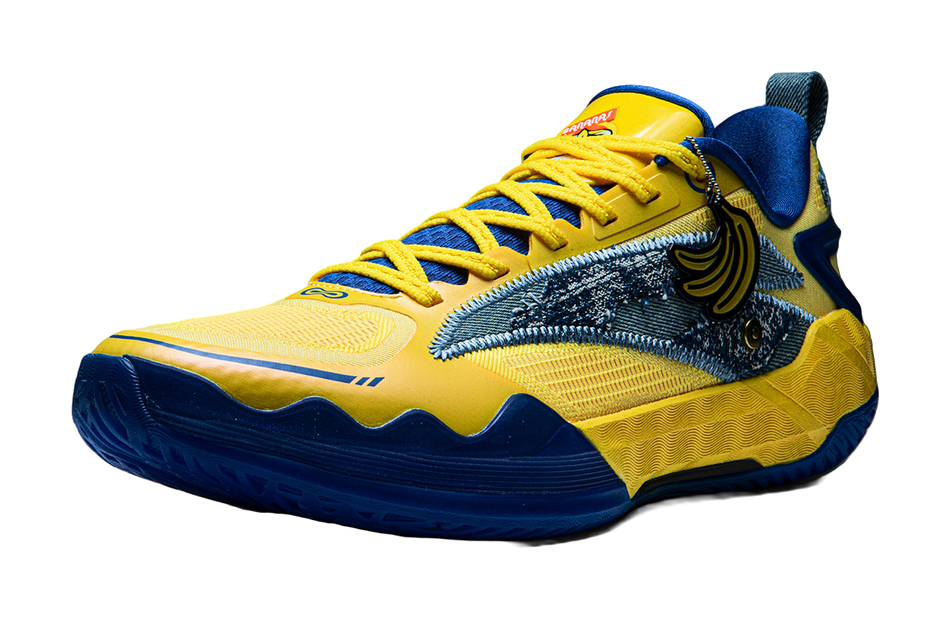 Unisex low-top basketball shoe, yellow and blue knit upper with lace-up and logo