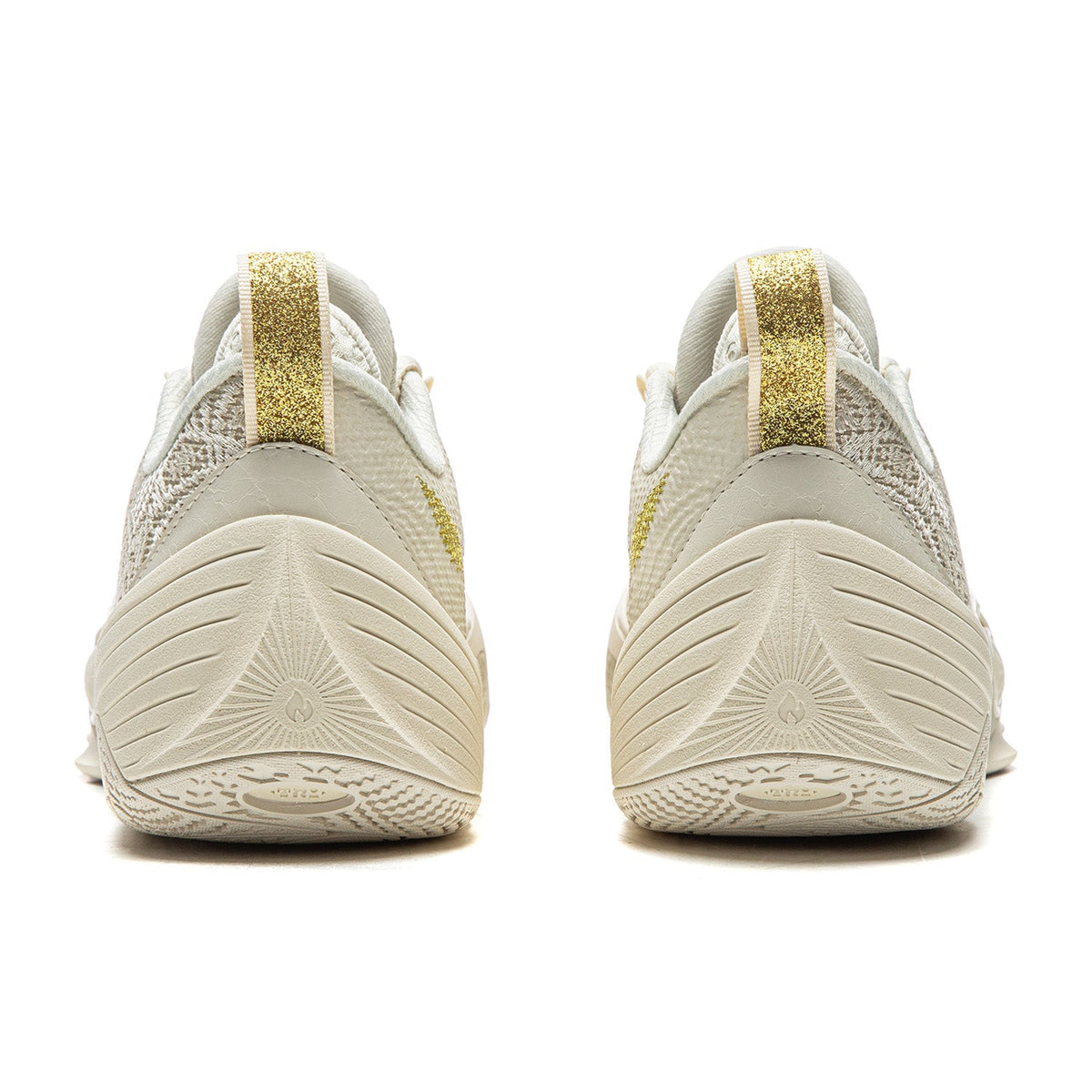Men's basketball shoe in paper white, rear view with gold heel pull tab and padded collar