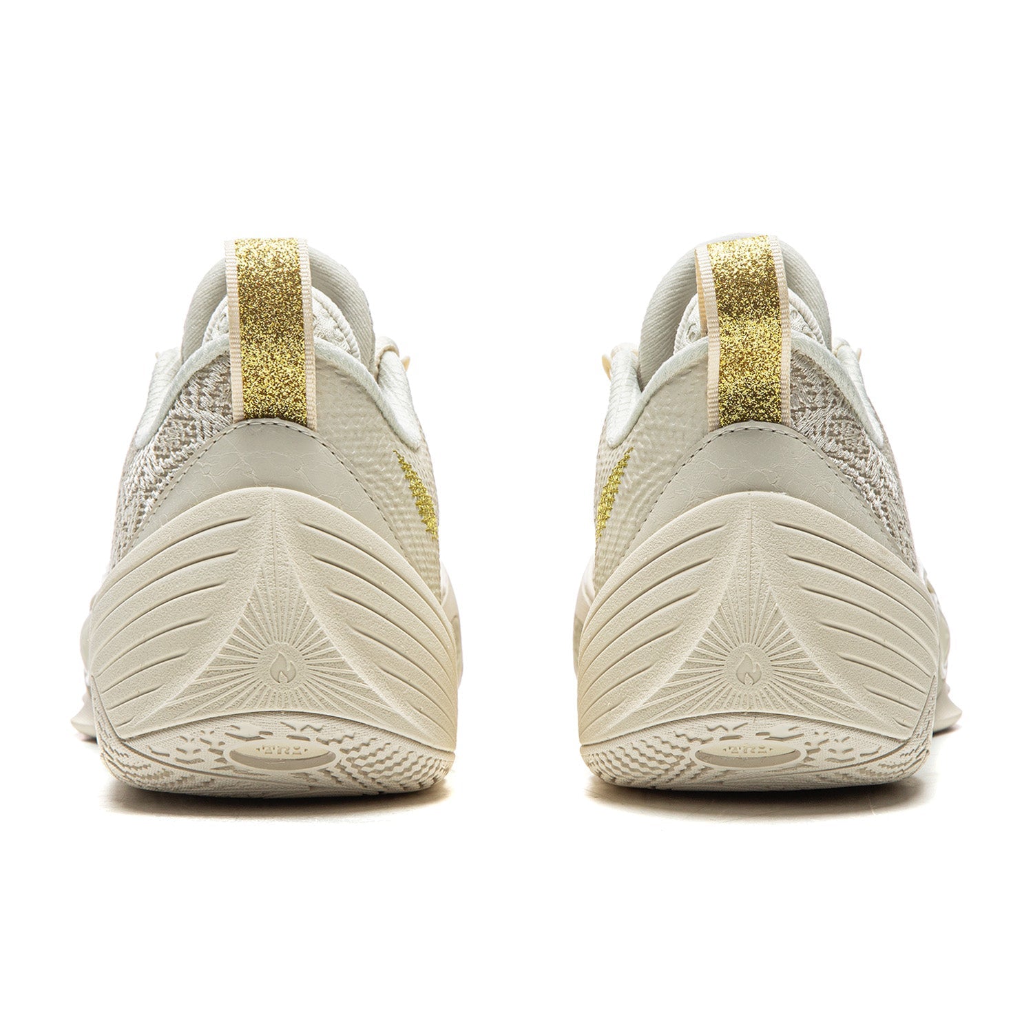 Men's basketball shoe in paper white, rear view with gold heel pull tab and padded collar