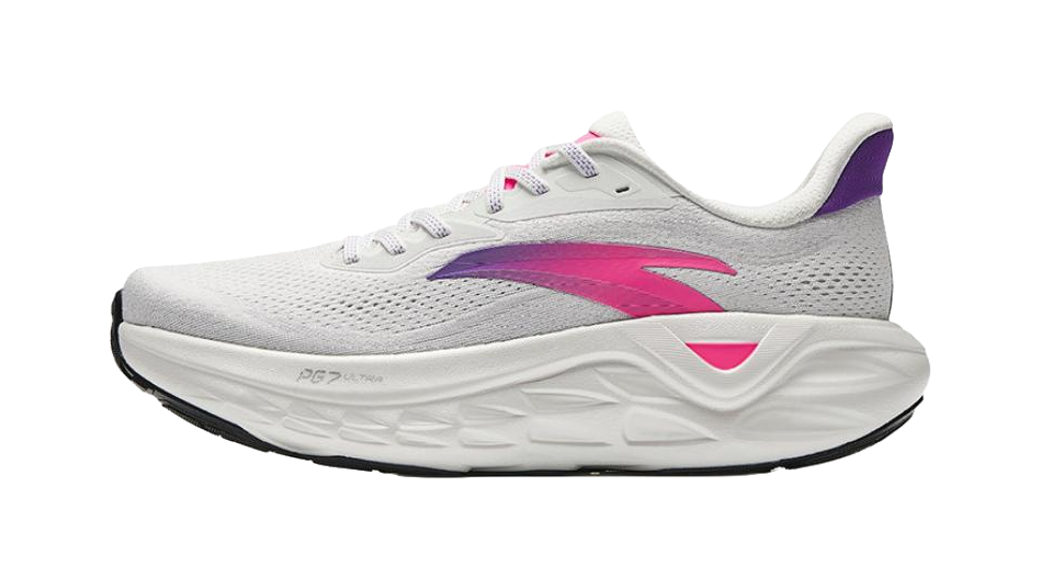 Men's low-top running shoes in light gray with pink and purple accents, white sole
