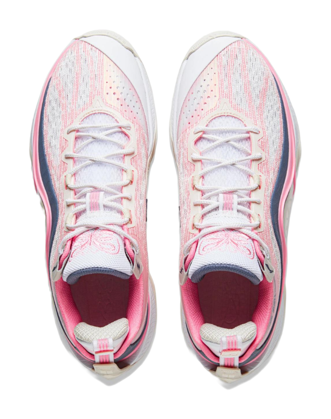 Pair of basketball shoes with white-pink upper, lace-up closure, and padded collar