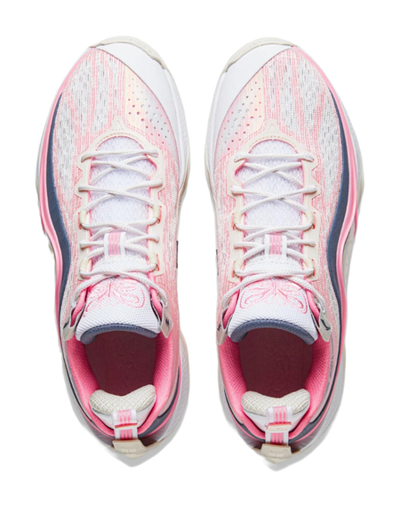 Pair of basketball shoes with white-pink upper, lace-up closure, and padded collar