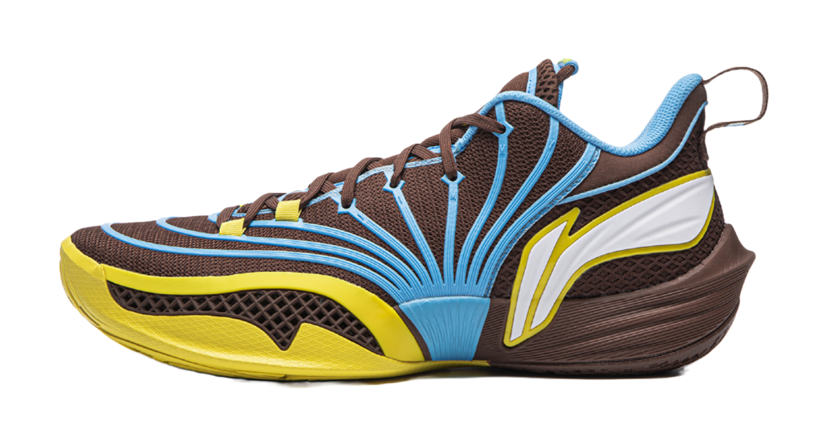 Unisex basketball shoe with brown upper, blue stripes, and yellow outsole.