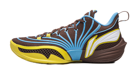 Unisex basketball shoe with brown upper, blue stripes, and yellow outsole.