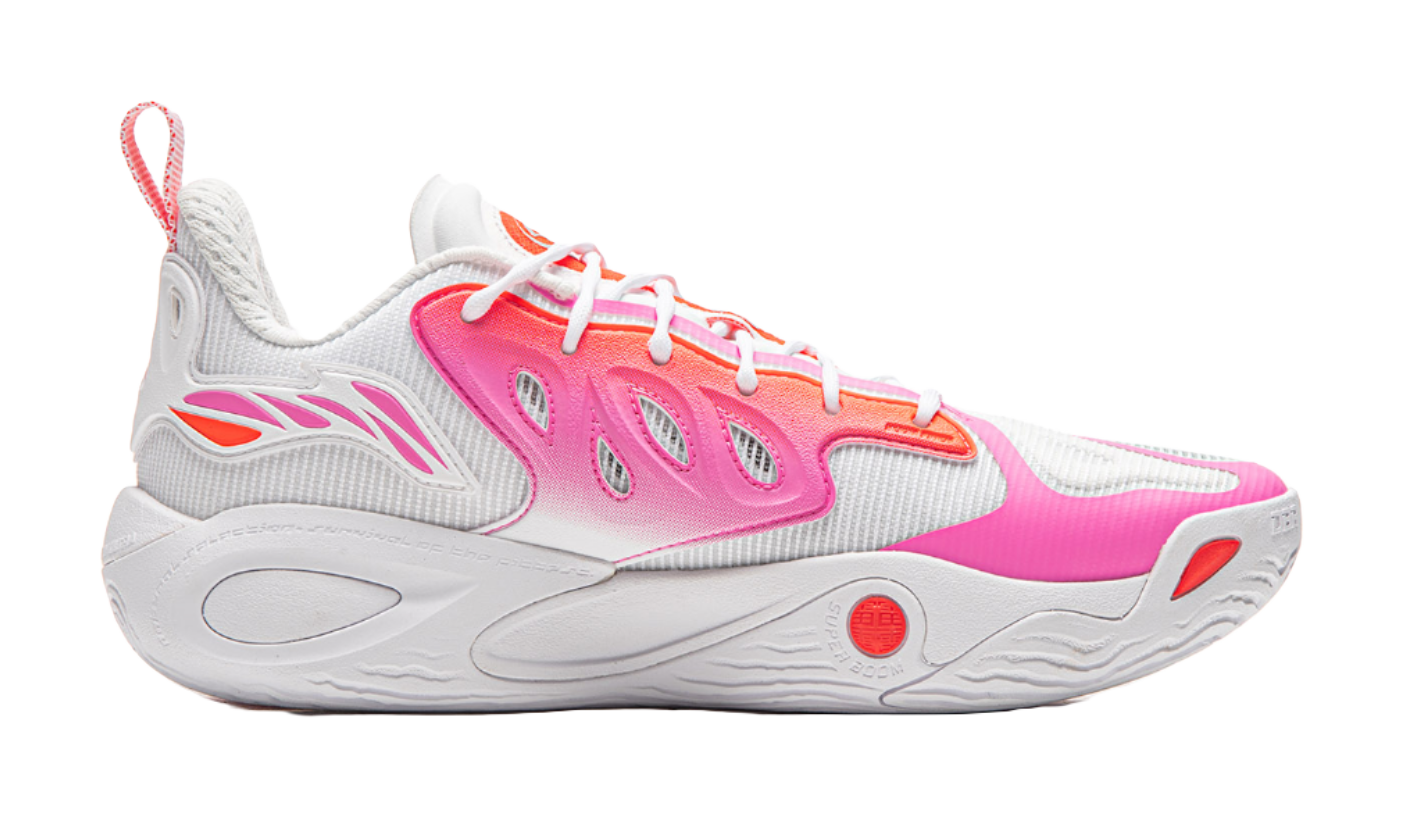 Unisex basketball shoe, side view with pink/red accents and white mesh upper