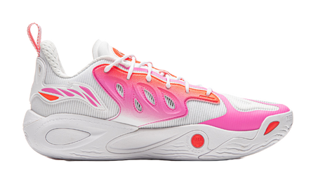 Unisex basketball shoe, side view with pink/red accents and white mesh upper