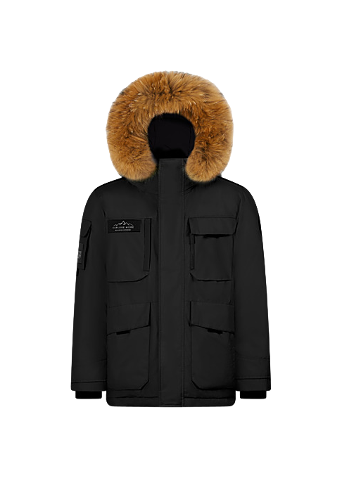 Black down jacket with faux-fur hood, front zip, and flap chest pockets.