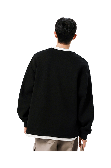 Warrior Revival Wind and Wave Series American Trendy College Style Letter Print Color Contrast Splicing Fake Two Piece Loose Casual Versatile Hoodie Bottom Wear Warm Henley Collar Long Sleeve T-shirt Unisex  vjsneaker.com