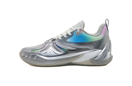 Silver low-top basketball shoe side view with white laces and blue-green upper