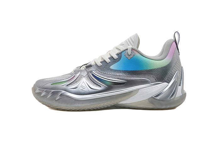 Silver low-top basketball shoe side view with white laces and blue-green upper