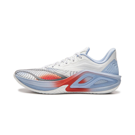 Men's basketball shoe, white upper with light blue collar and red side accents.