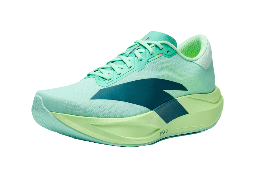 Men's low-top running shoes, aqua-lime colorway with black side panel