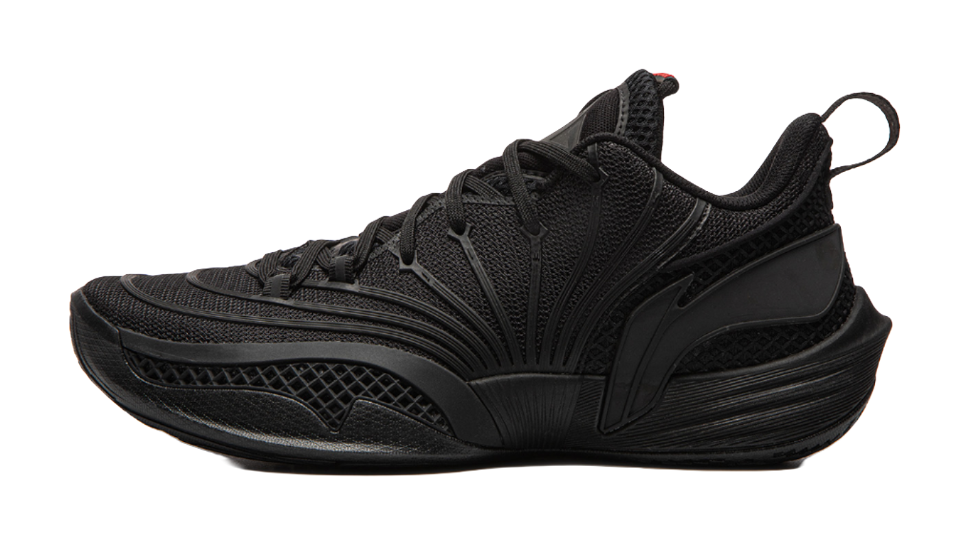 Black unisex basketball shoe with lace-up mesh upper and cushioned sole