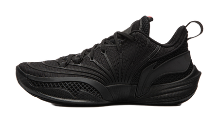 Black unisex basketball shoe with lace-up mesh upper and cushioned sole