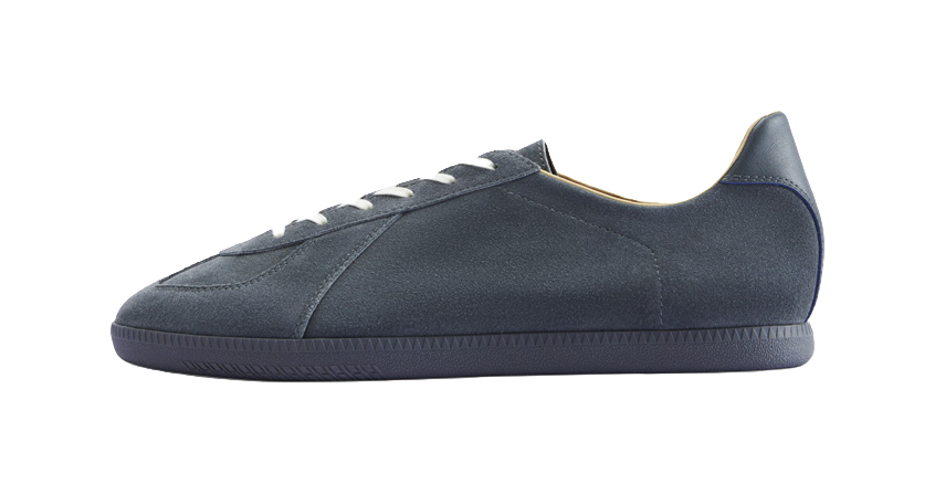 Dark gray low-top training shoe with lace-up closure, side profile