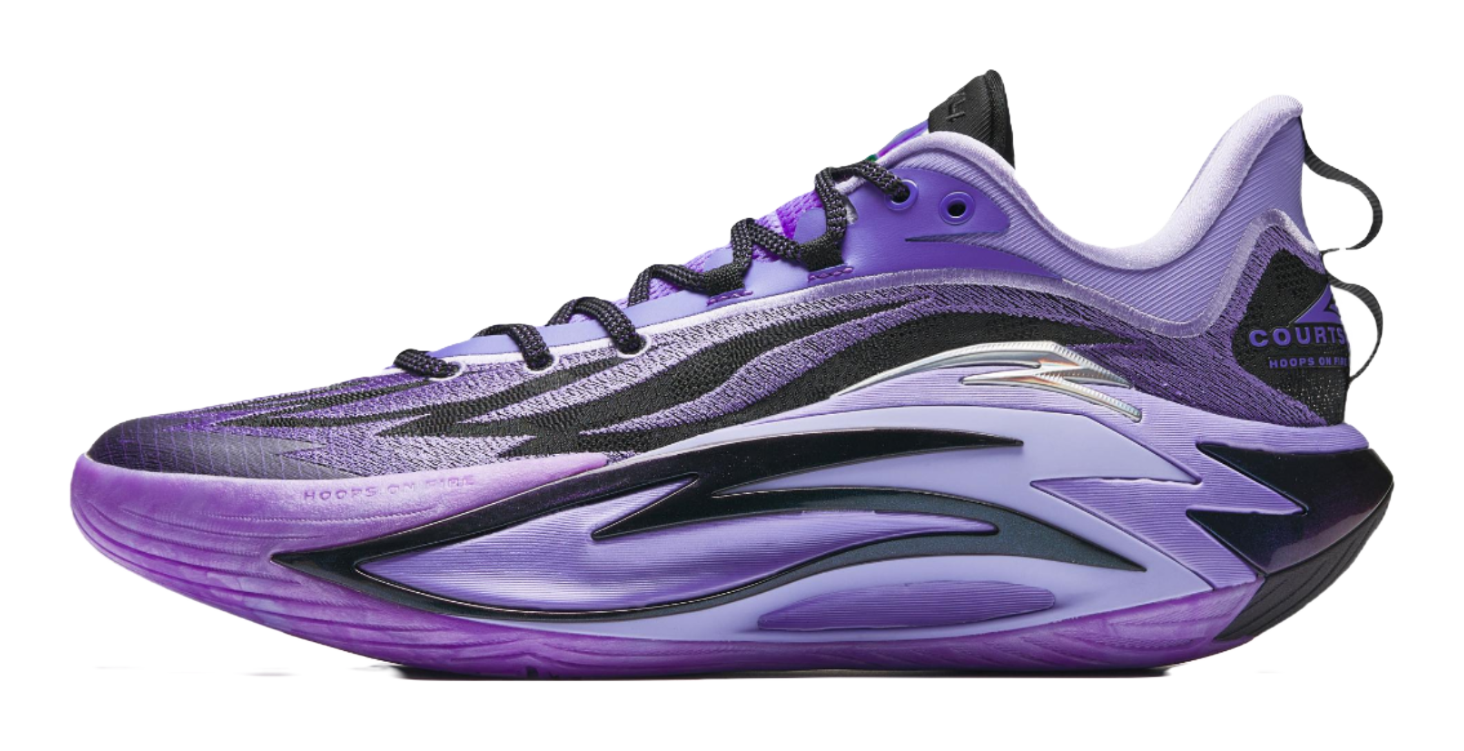 Purple and black basketball shoe with lace-up front and swoosh-like side panel.
