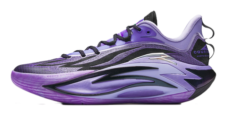 Purple and black basketball shoe with lace-up front and swoosh-like side panel.