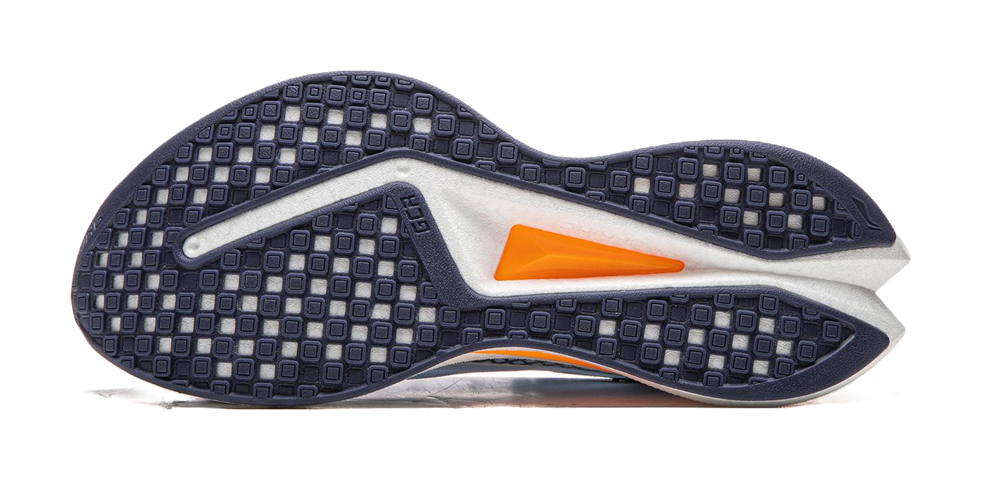 Dark navy outsole of a running shoe with orange forefoot insert