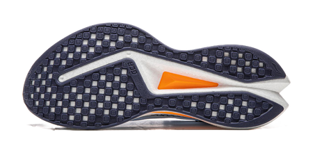 Dark navy outsole of a running shoe with orange forefoot insert