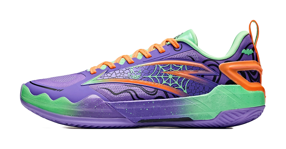 Men's low-top basketball shoes, grape purple with orange laces and green accents
