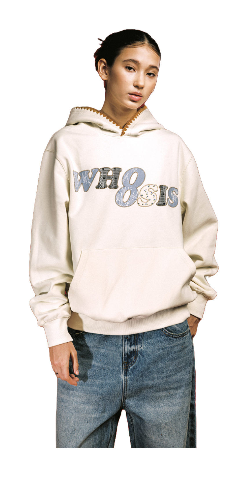 WHOOSIS floral denim patchwork embroidery casual loose and versatile campus autumn and winter comfortable hoodie with fleece hoodie for both men and women  vjsneaker.com