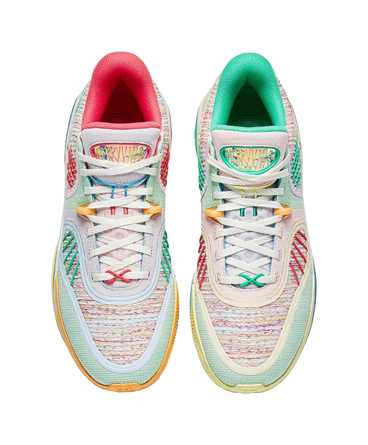 Pair of green basketball shoes with multicolor knit laces and red inside lining