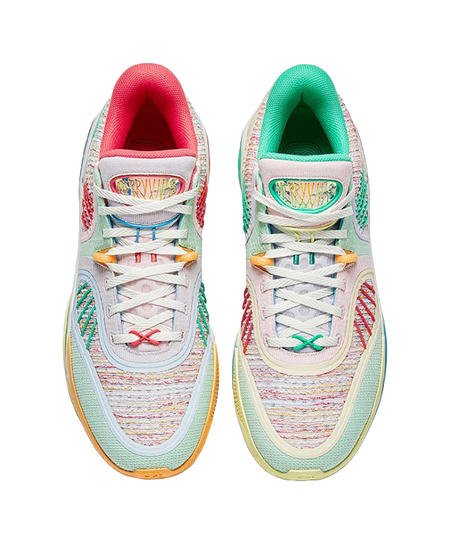Pair of green basketball shoes with multicolor knit laces and red inside lining