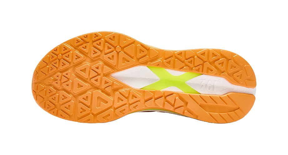 Rubber outsole for men's running shoes, orange with green and white traction pattern