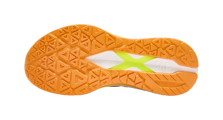 Rubber outsole for men's running shoes, orange with green and white traction pattern