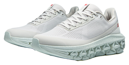 Anta low-top running shoes, light gray knit upper, lace-up, side view of thick tread sole