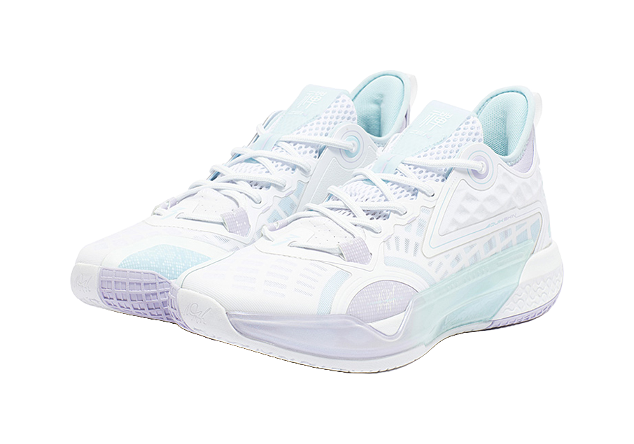 Unisex basketball shoe, white mesh upper with light blue heel tab and lace-up front.