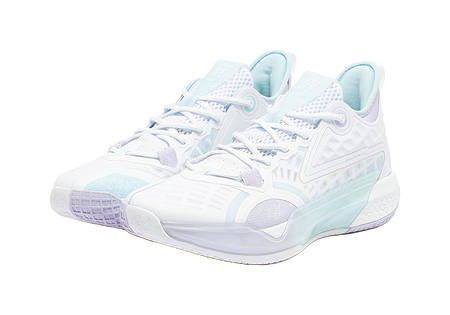 Unisex basketball shoe, white mesh upper with light blue heel tab and lace-up front.