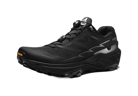 Black trail running shoe side view with sculpted midsole and treaded outsole