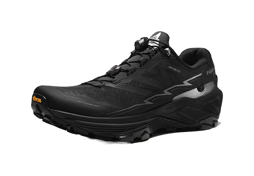 Black trail running shoe side view with sculpted midsole and treaded outsole
