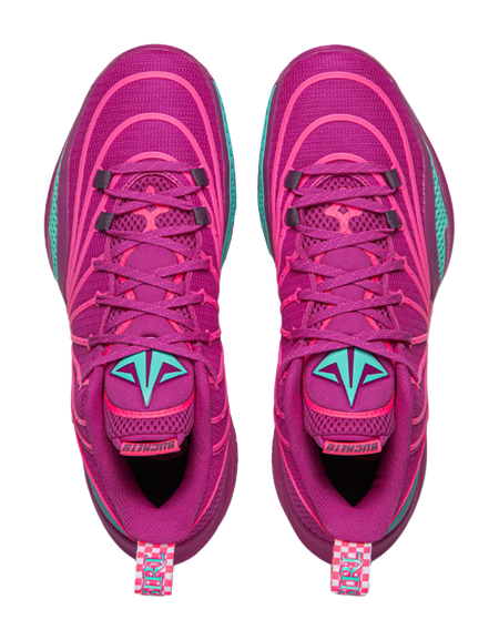 Purple basketball shoes with teal piping, lace-up vamps, and logo tongues.