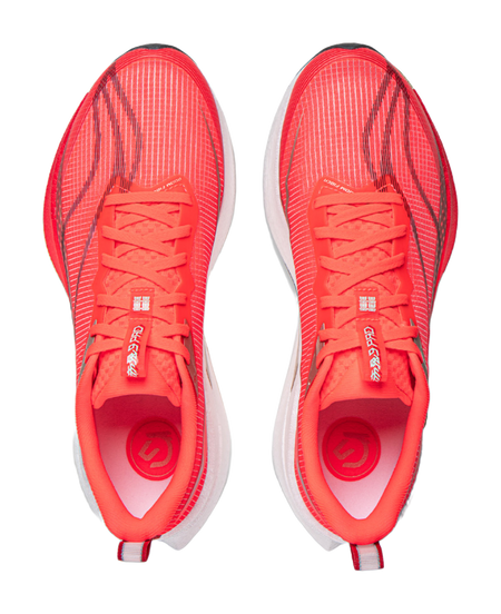 Li-Ning red running shoes, front view pair with textured upper and lace eyelets