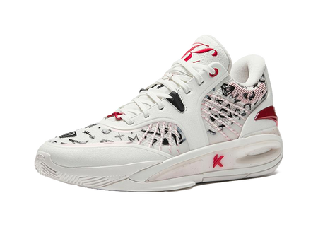 White basketball sneaker with red heel panel, black detail stitching, lace-up
