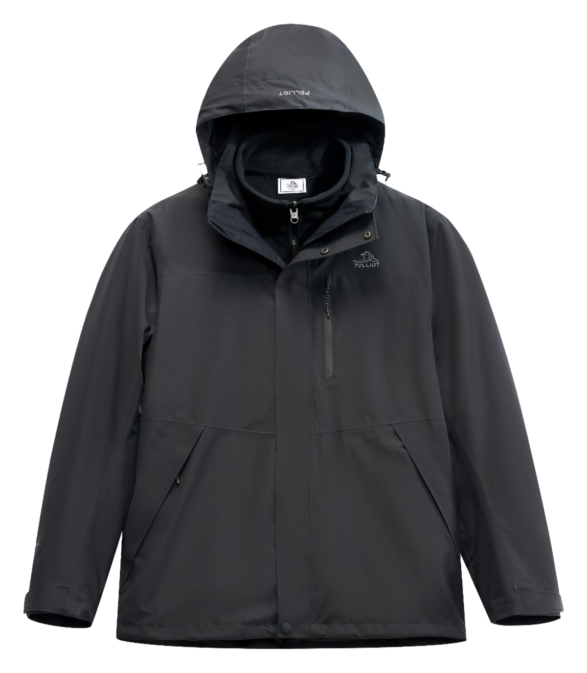 Black men’s hooded windbreaker jacket with zip front and vertical chest zip